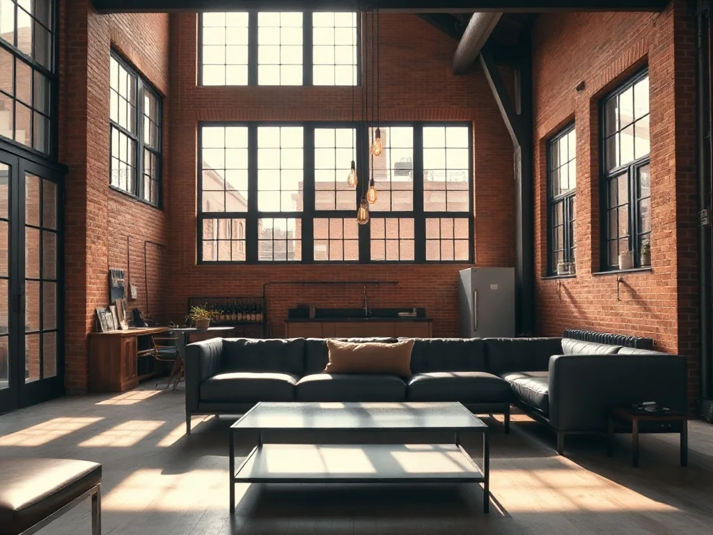 Przestronny loft z ceglanymi ścianami, dużymi oknami i minimalistycznymi meblami, oddający klimat stylu industrialnego.